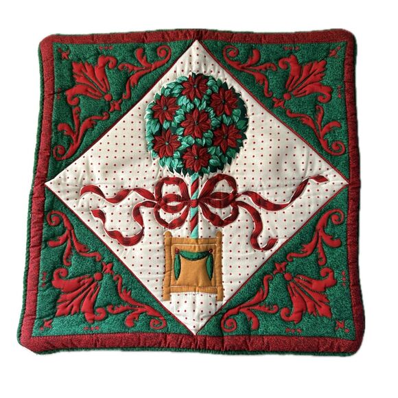 NWOT 100% Cotton Christmas Poinsettia Topiary Quilted Zipper Pillow Cover Case - Picture 1 of 5